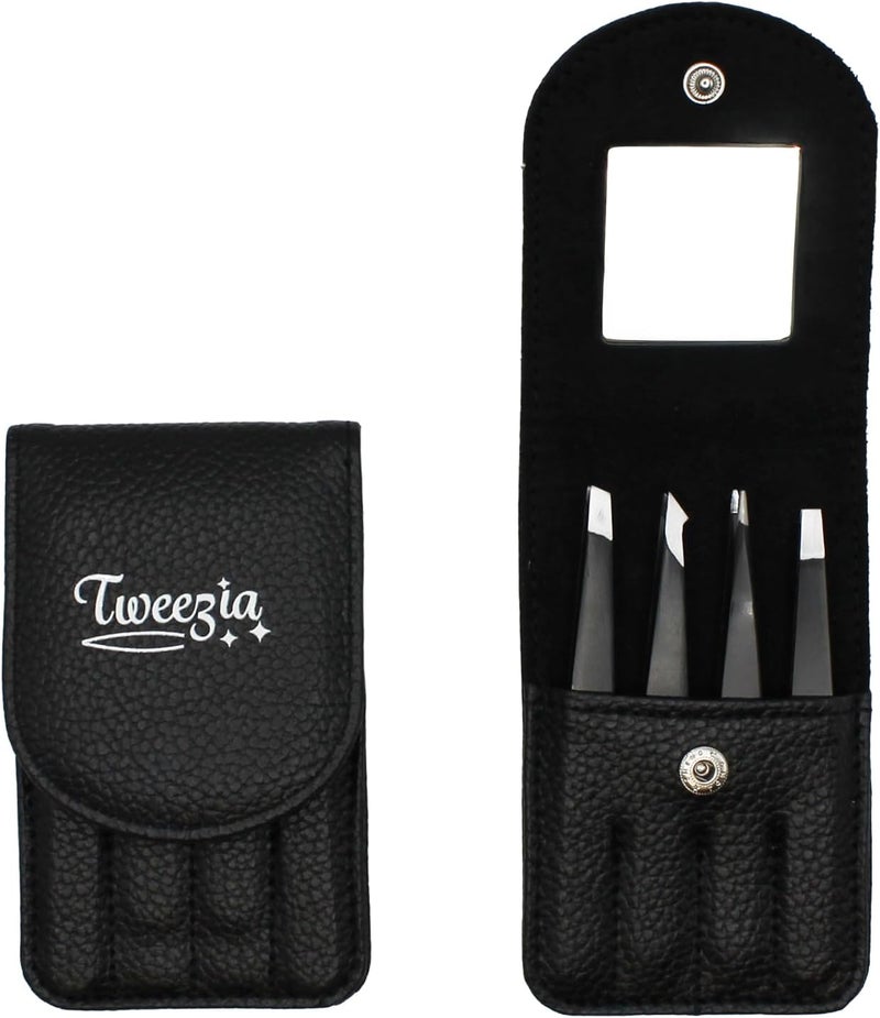 Houseify TWEEZIA Stainless Steel Tweezer Set - 4 Precision Tweezers with Mirror & Leather Case - Ideal Eyebrow Kit, Ingrown Hair Tweezers, Splinter Removal Kit or Pointed Tweezers for Beauty and Personal Care - Image 1